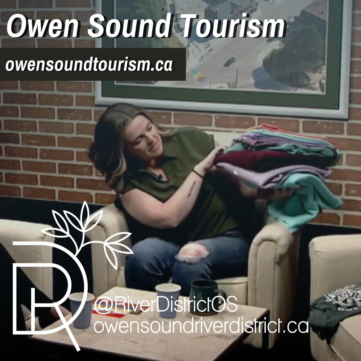 Blond woman sitting in white chair against faux brick wall
