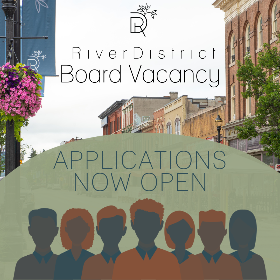 graphics over background of the River District