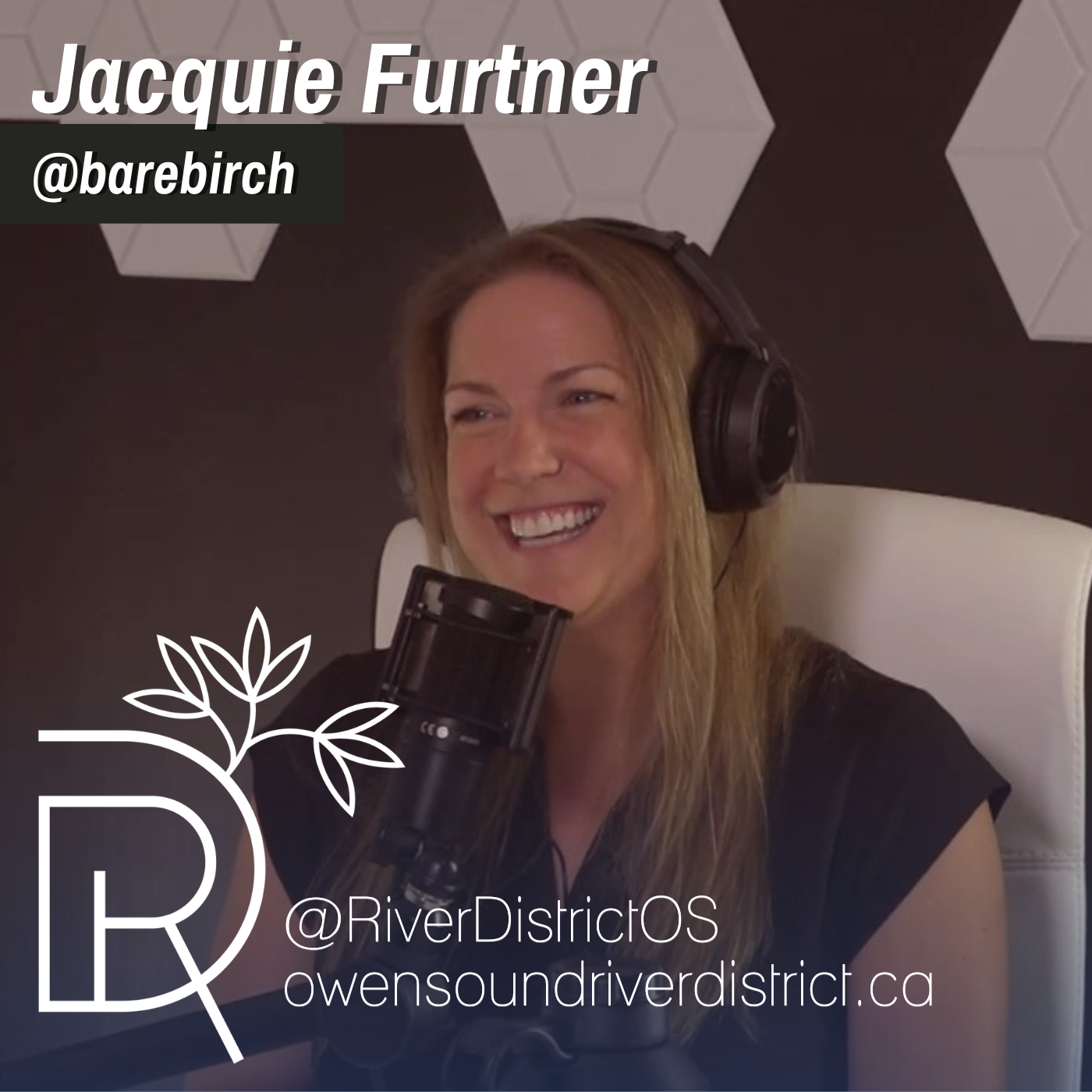 Jacquie Furtner in front of podcast microphone