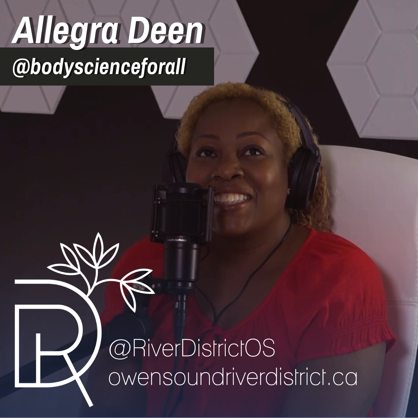 Photo of Allegra Deen of Body Science in front of a podcast microphone