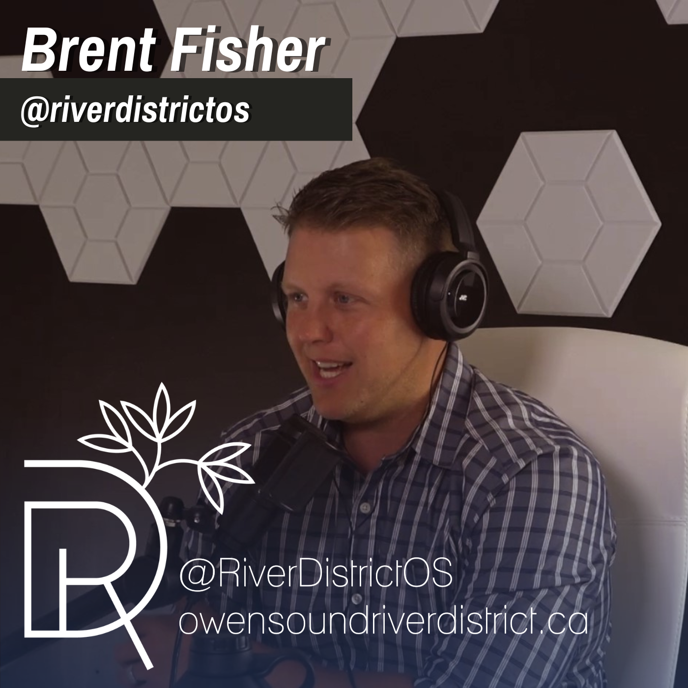 Photo of Brent Fisher, City of Owen Sound in front of a podcast microphone