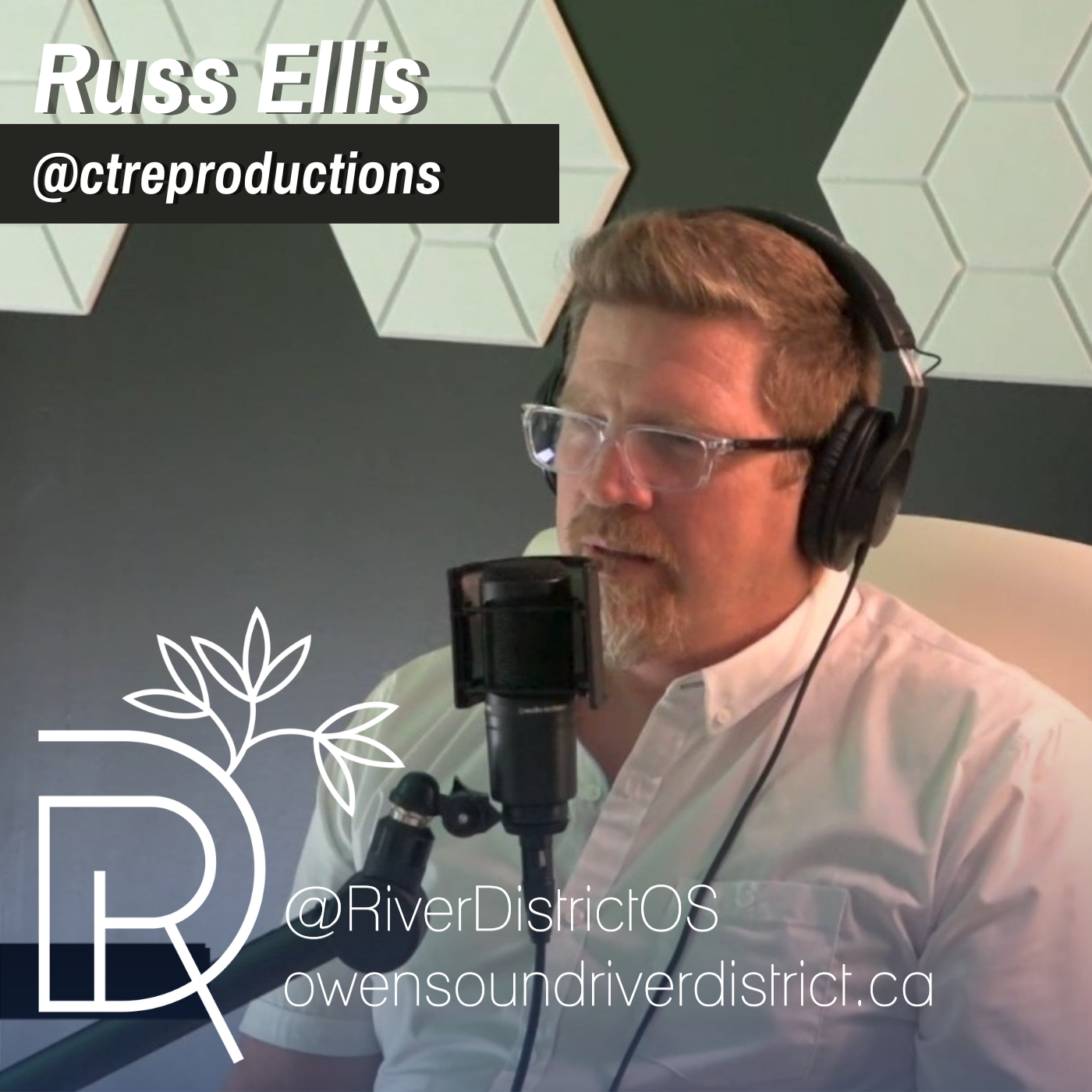 Photo of Russ Ellis of CTRE Productions in front of a podcast microphone