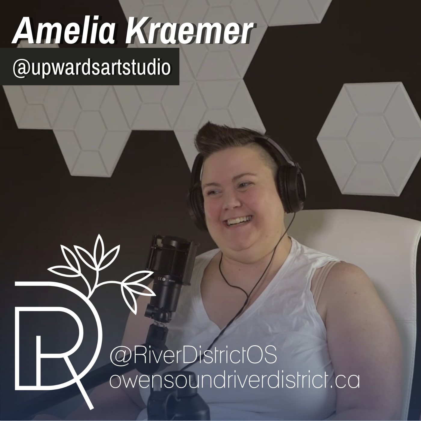 Image of Amelia Kraemer behind a podcast microphone