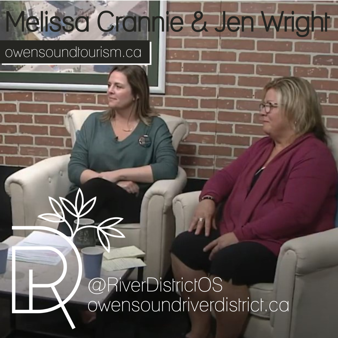 jennifer wright and melissa crannie in my river district studio sitting in white chairs with a brick background