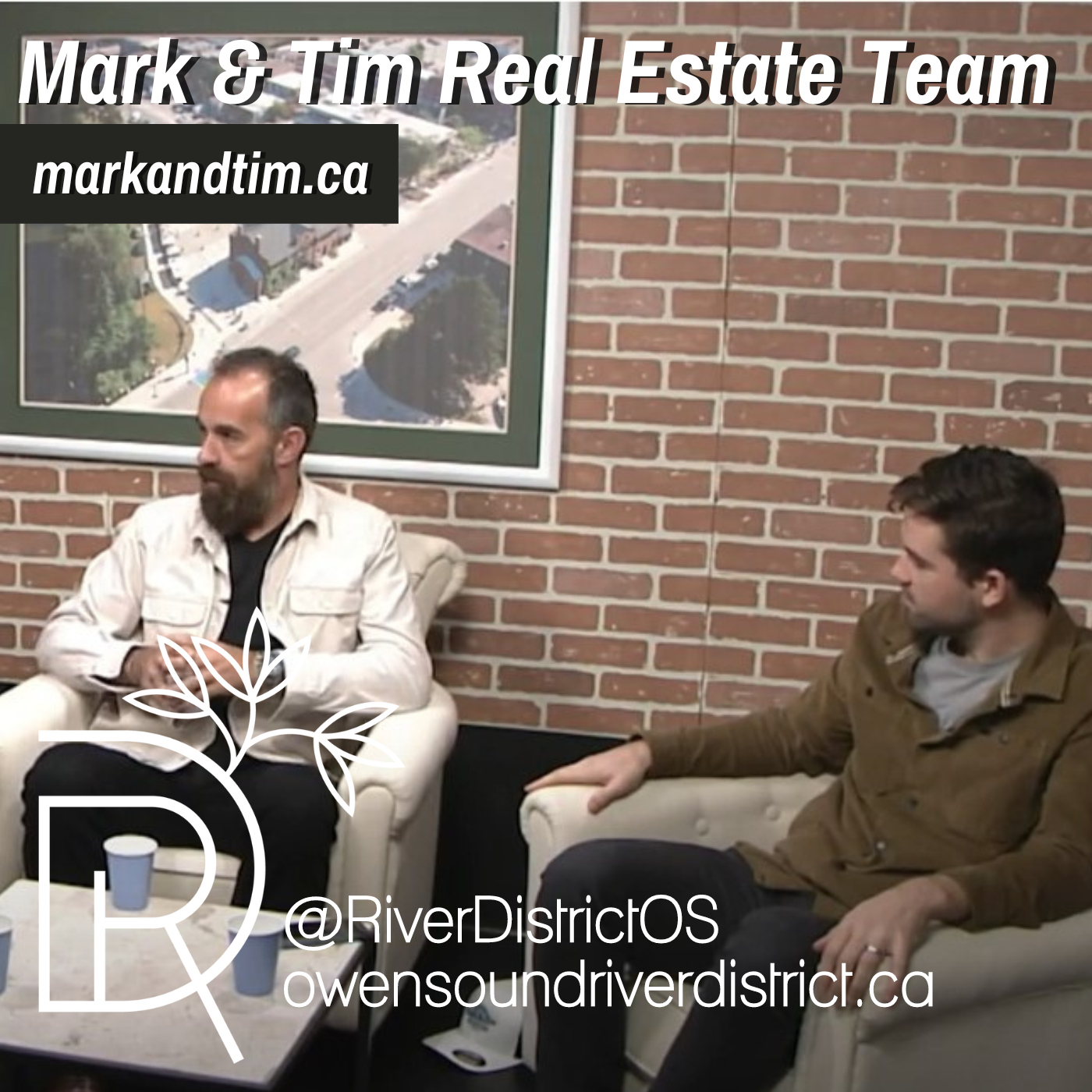 Mark Barbosa & Tim Matthews in tv studio in front of faux brick wall and large hanging picture