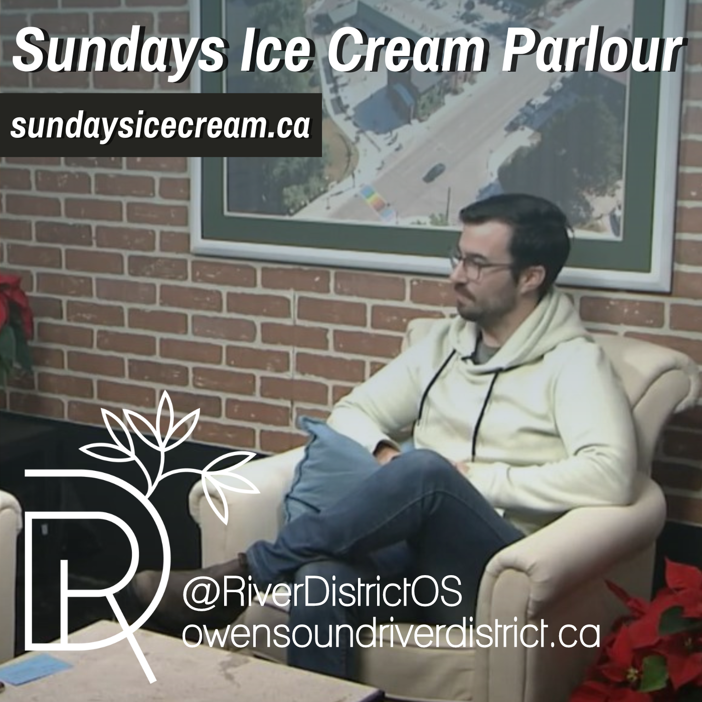 Tim Dwyer in rogers studio in front of faux brick wall