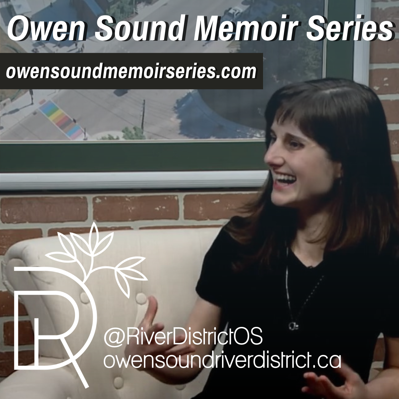 lauren best with hands moving and big smile in rogers studio with faux brick wall behind