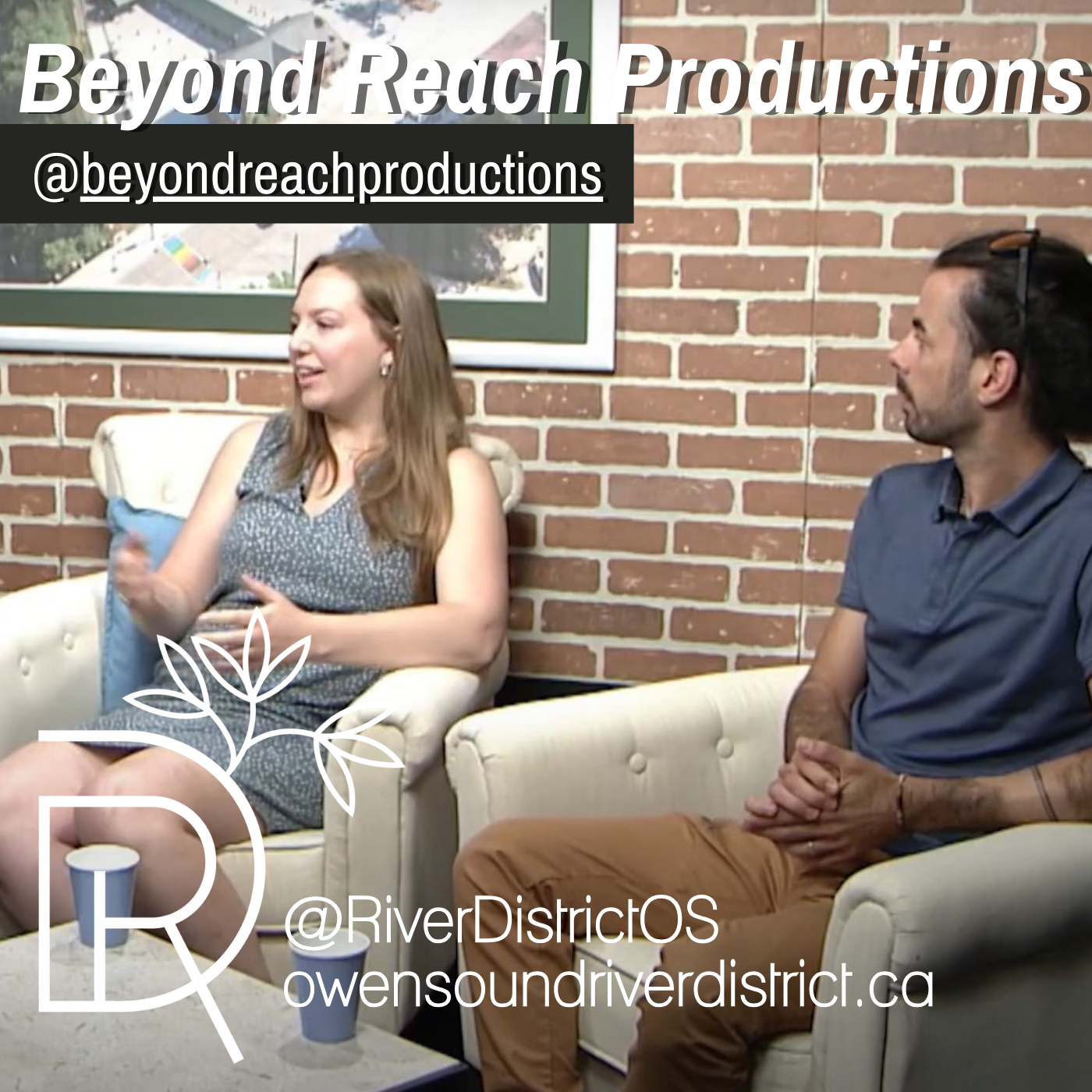 Maxime Bianco and Cala Bryans of beyond reach productions in rogers studio in front of a faux brick wall