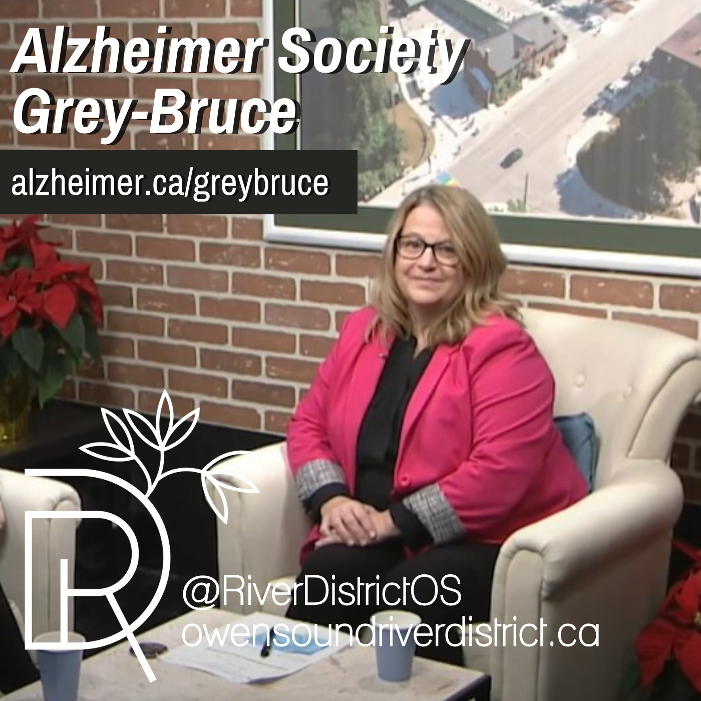 Michelle Fleming in rogers studio in front of a brick wall with a large picture in the background
