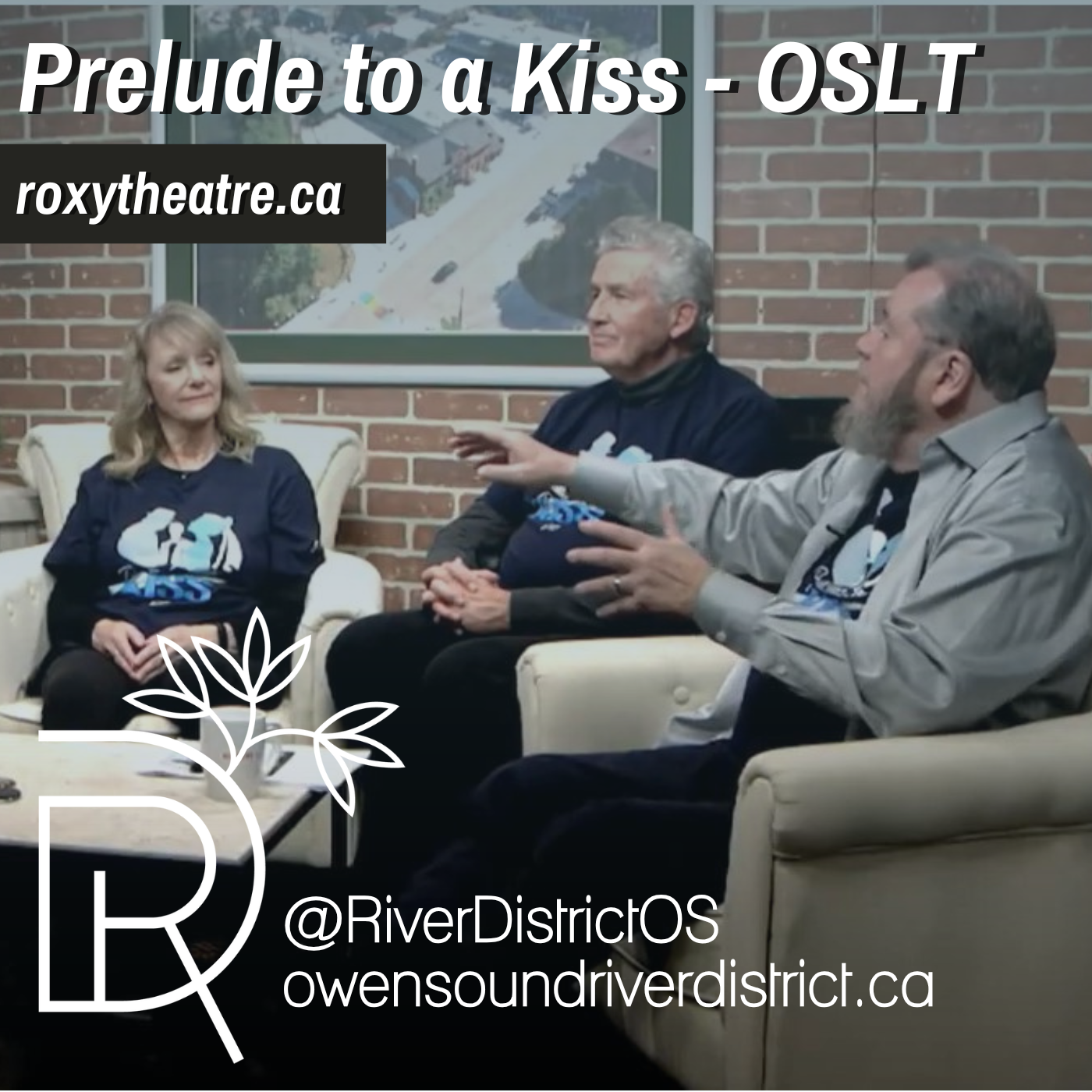 three people sitting side by side against a faux brick wall and large picture of an aerial shot of the city of owen sound