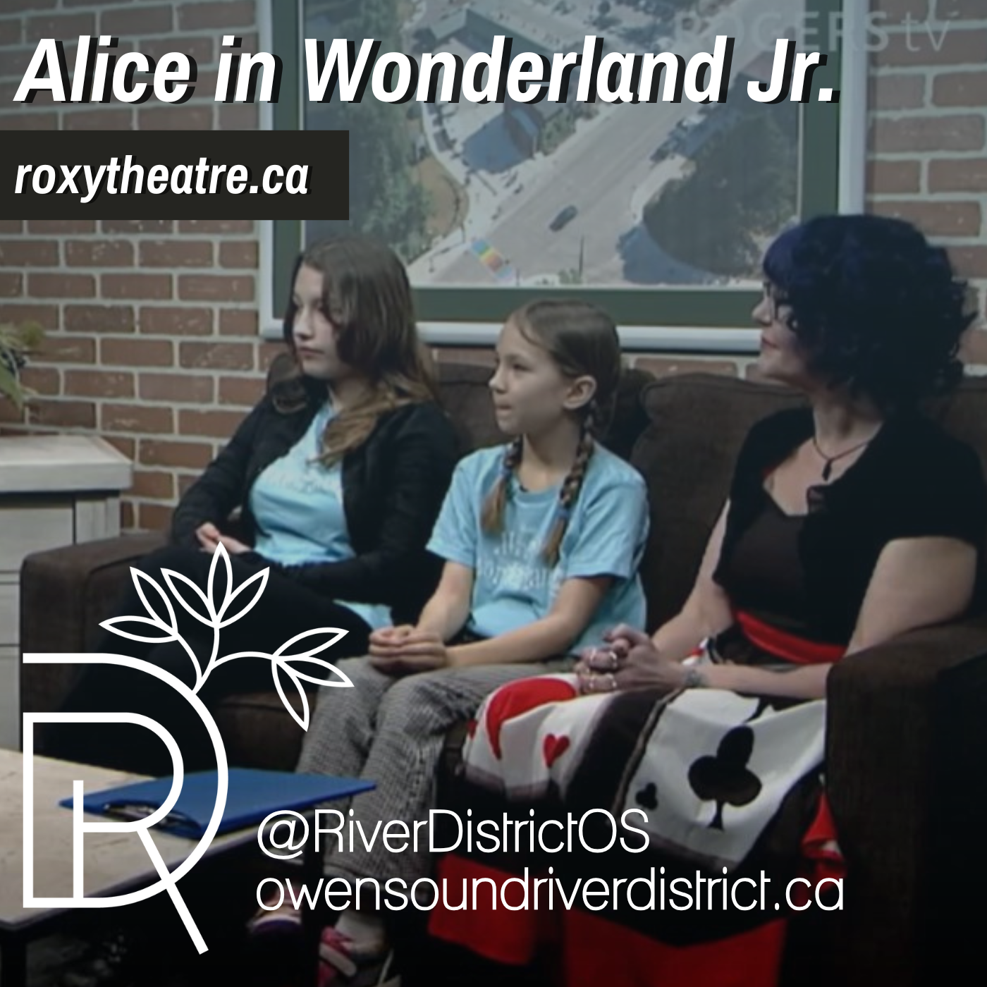 Woman with dark hair wearing a card themed dress on brown couch sitting beside two young women