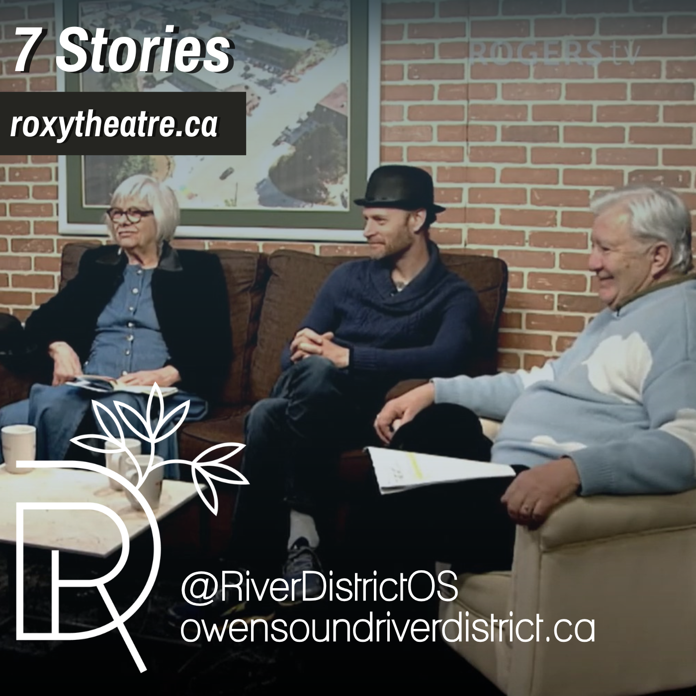 three actors sitting on couches against a faux brick backdrop and city scape picture
