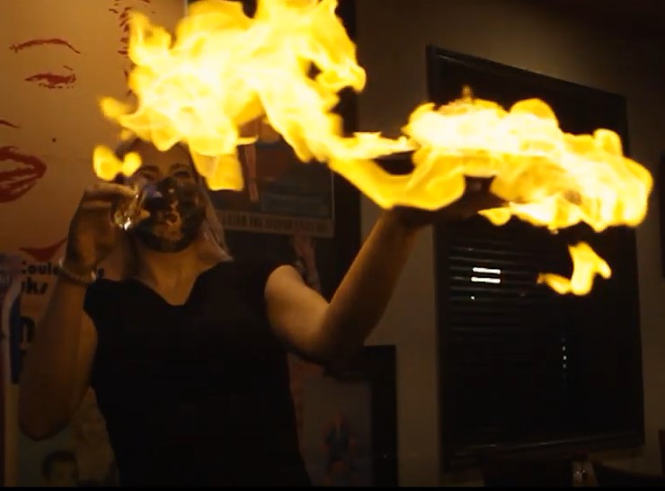 Shortys grill flaming cheese, video screen caption